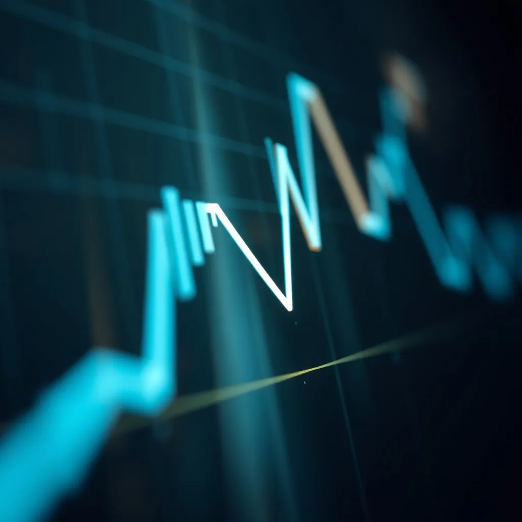 Close-up of a digital financial chart with fluctuating blue lines.