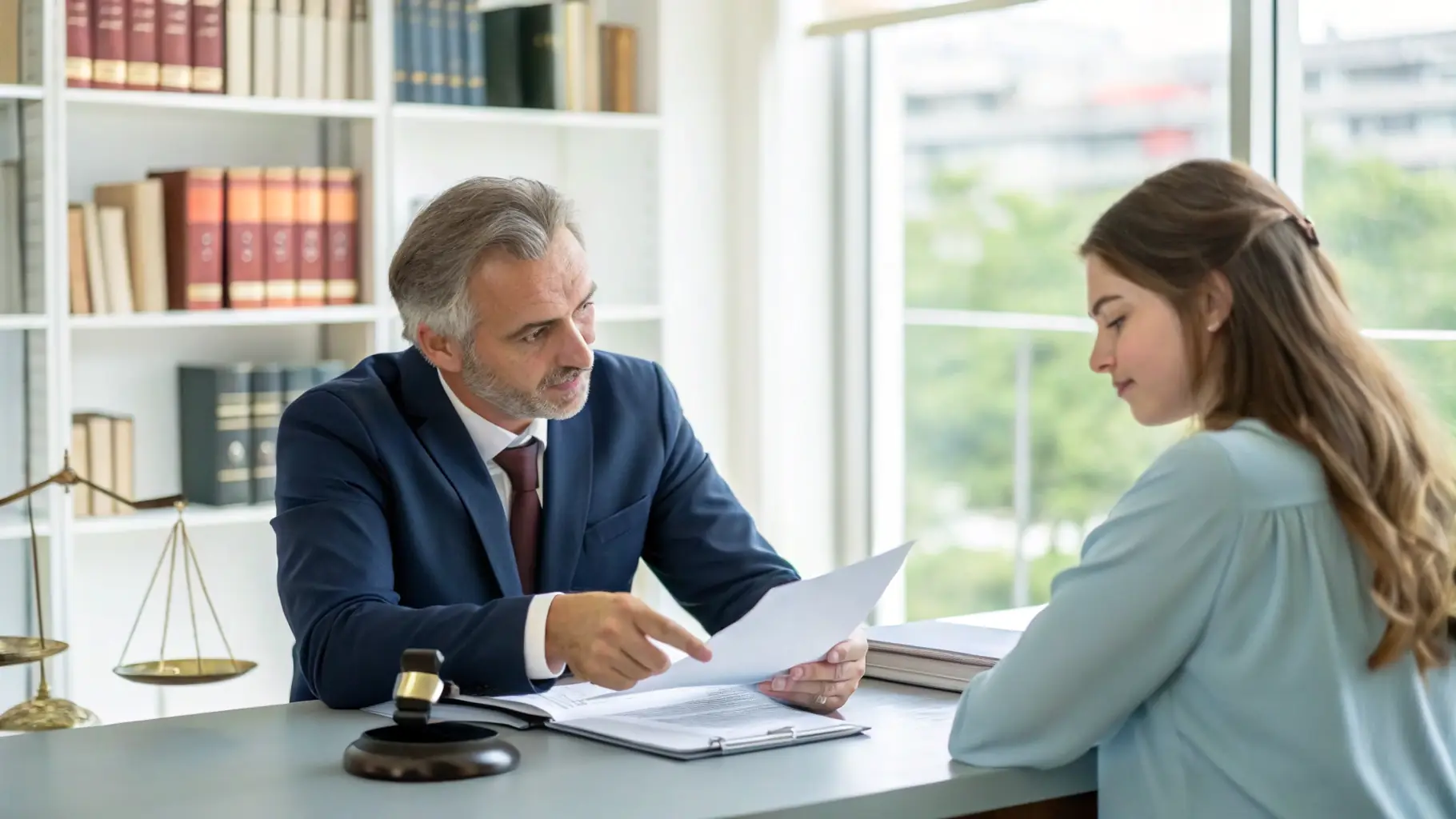 Lawyer advising client in modern law office with legal documents on desk