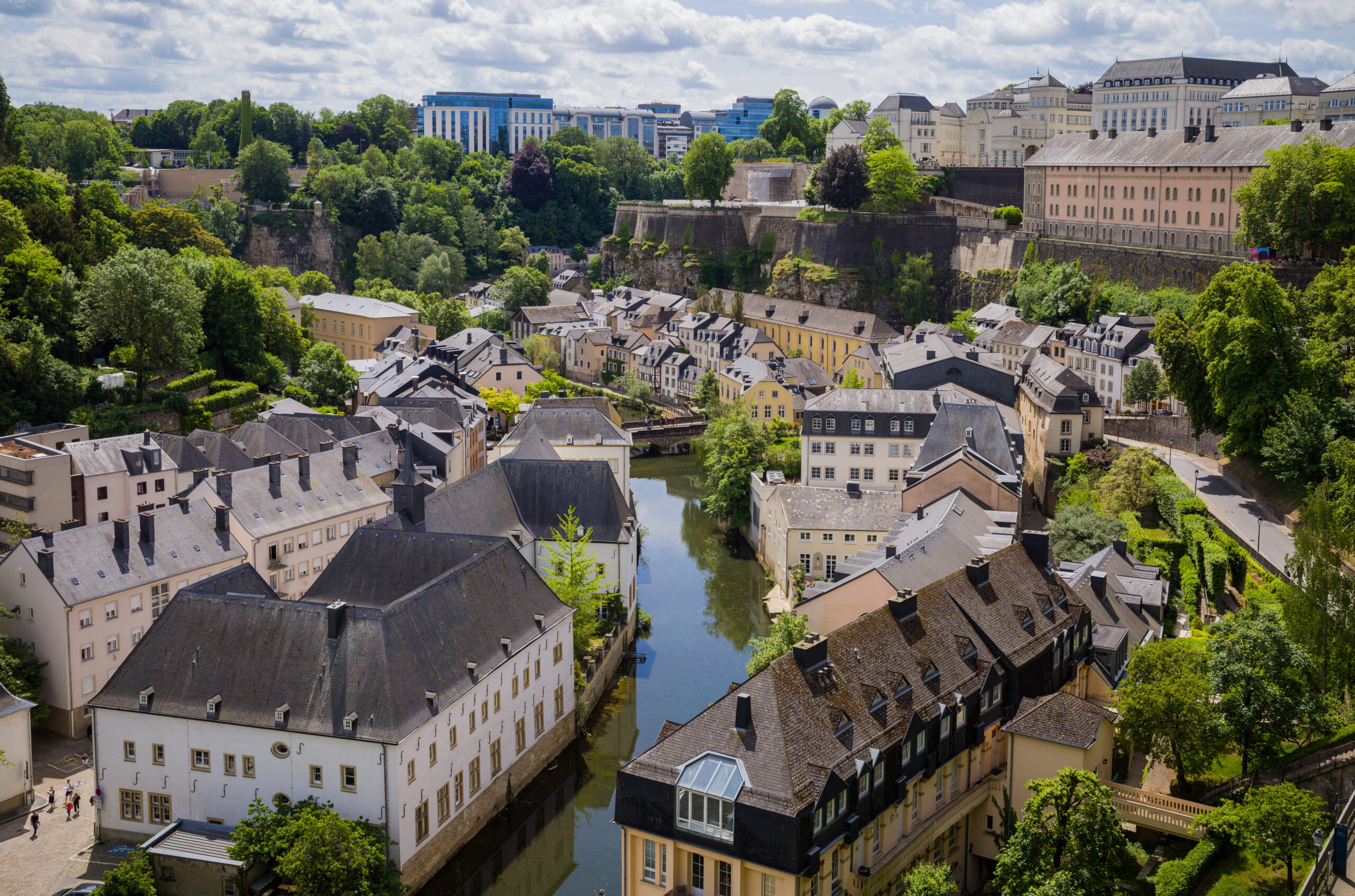 Aerial view of the Grund district and Alzette River in Luxembourg City