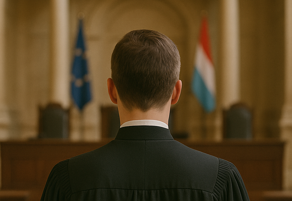 Lawyer in black robe standing in Luxembourg courtroom with national flags.