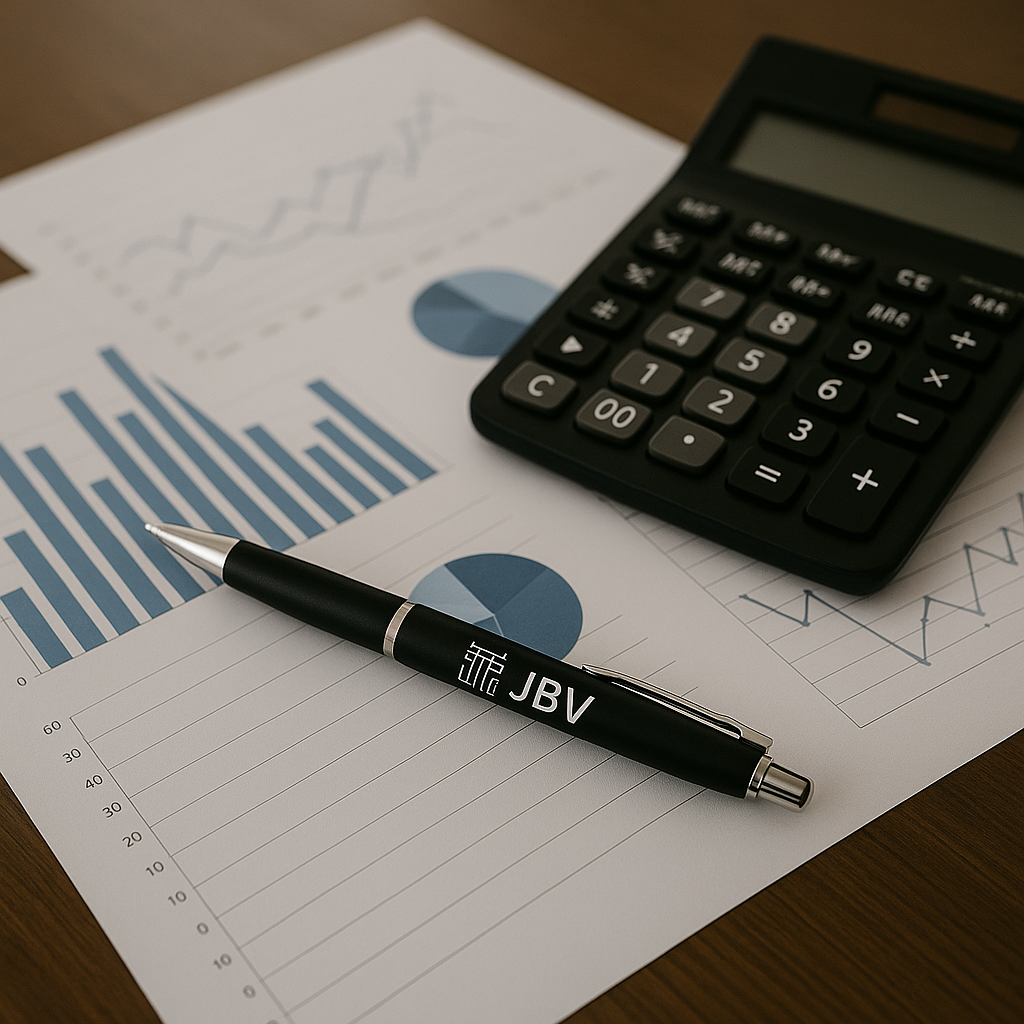 Financial workspace with calculator, pen, and business documents containing charts and graphs.