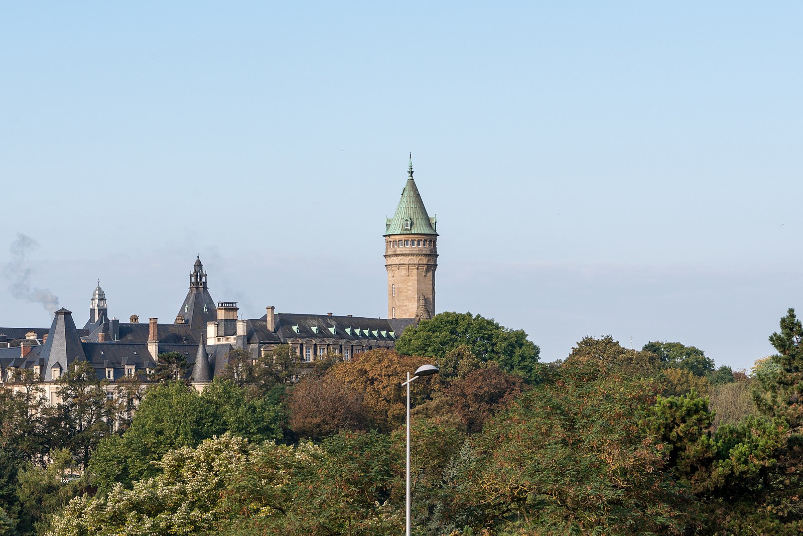 Spuerkeess State Savings Bank building with green tower roof in Luxembourg City.